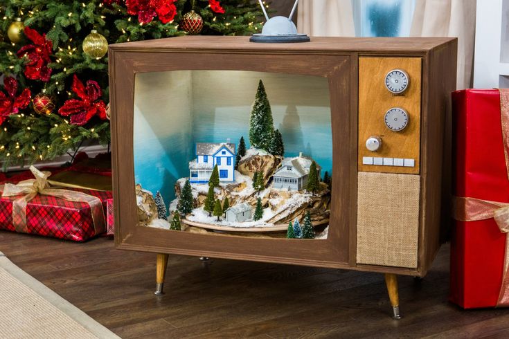 Old CRT TV converted into a Christmas village diorama