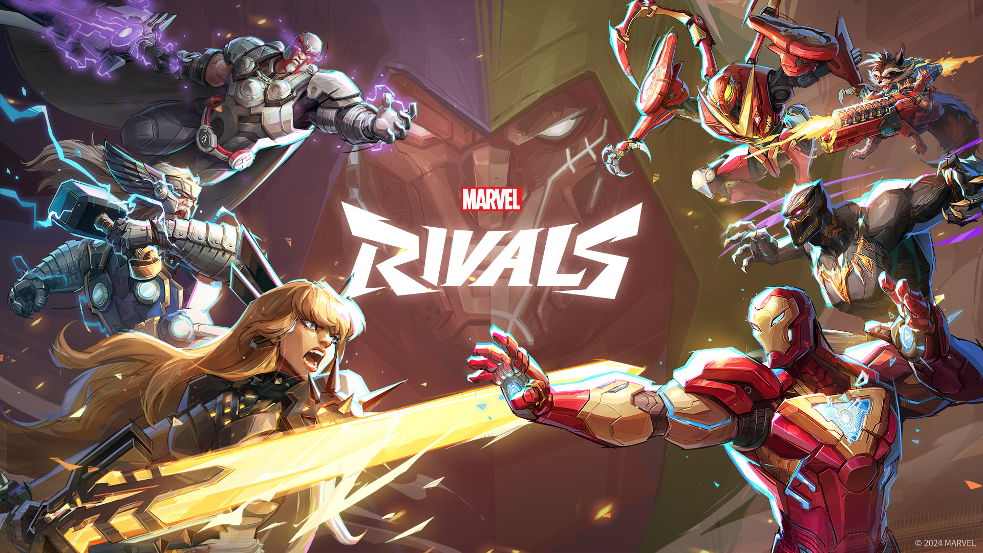 Marvel Rivals heroes on a vertical multi-level map