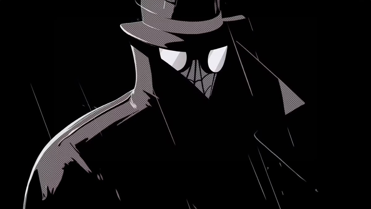 Nicolas Cage in trench coat and hat as Spider-Noir in a dark cityscape