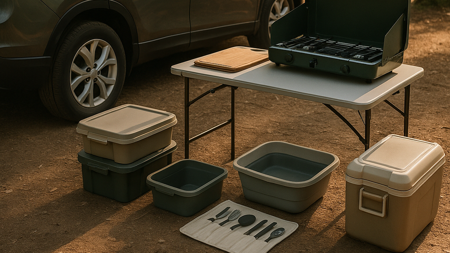 Summer car camping cook station organized into one work zone with stove, prep area, and cleanup setup