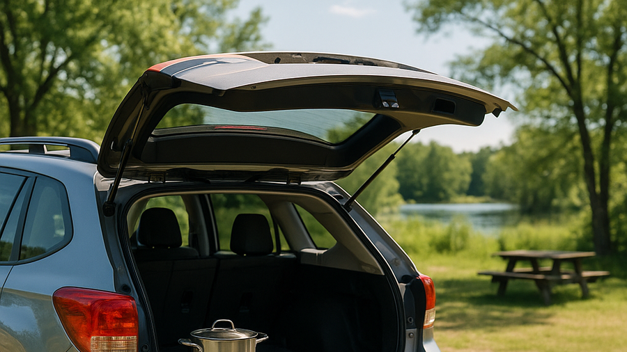 Slide-out summer car camping kitchen concept with stove, storage, and compact outdoor cooking workspace