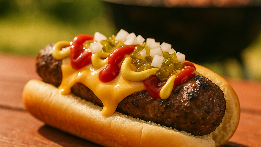 Burger dog in a bun with cheeseburger toppings at a backyard cookout