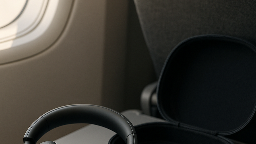 Sony WH-1000XM6 headphones folded inward to show the compact travel-friendly hinge design