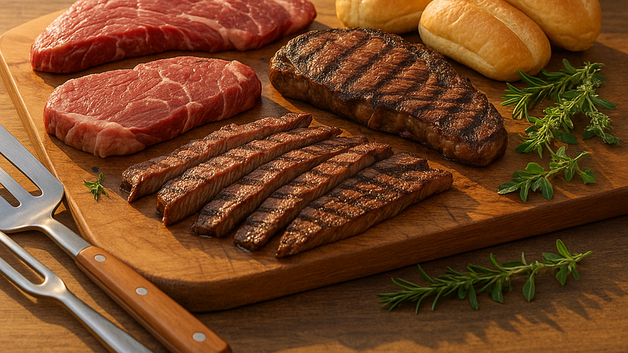 Best steak cuts for summer steak sandwiches with grilled sirloin, flank, and ribeye on a cookout board