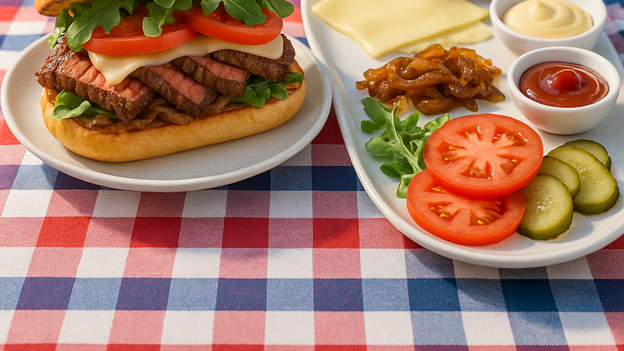 Practical Memorial Day steak sandwich build with sliced steak, toasted rolls, arugula, and pickled onions