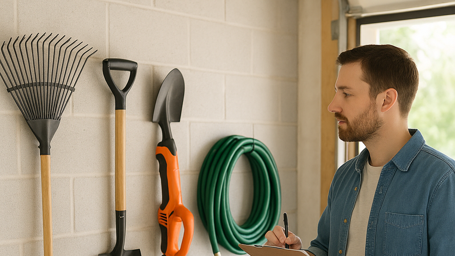 Organizing yard tools and checking outdoor gear as part of a summer home maintenance checklist