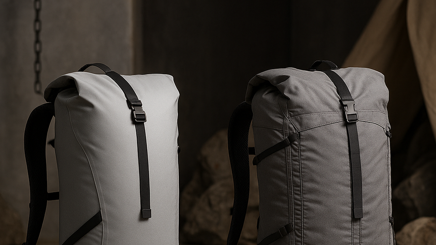 Ultralight backpacking pack construction showing welded panels, reduced seams, and waterproof design